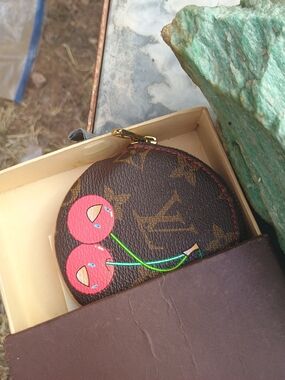 Louis Vuitton + Murakami Brown Monogram Round Coin Pouch with Pink Cherry Motif